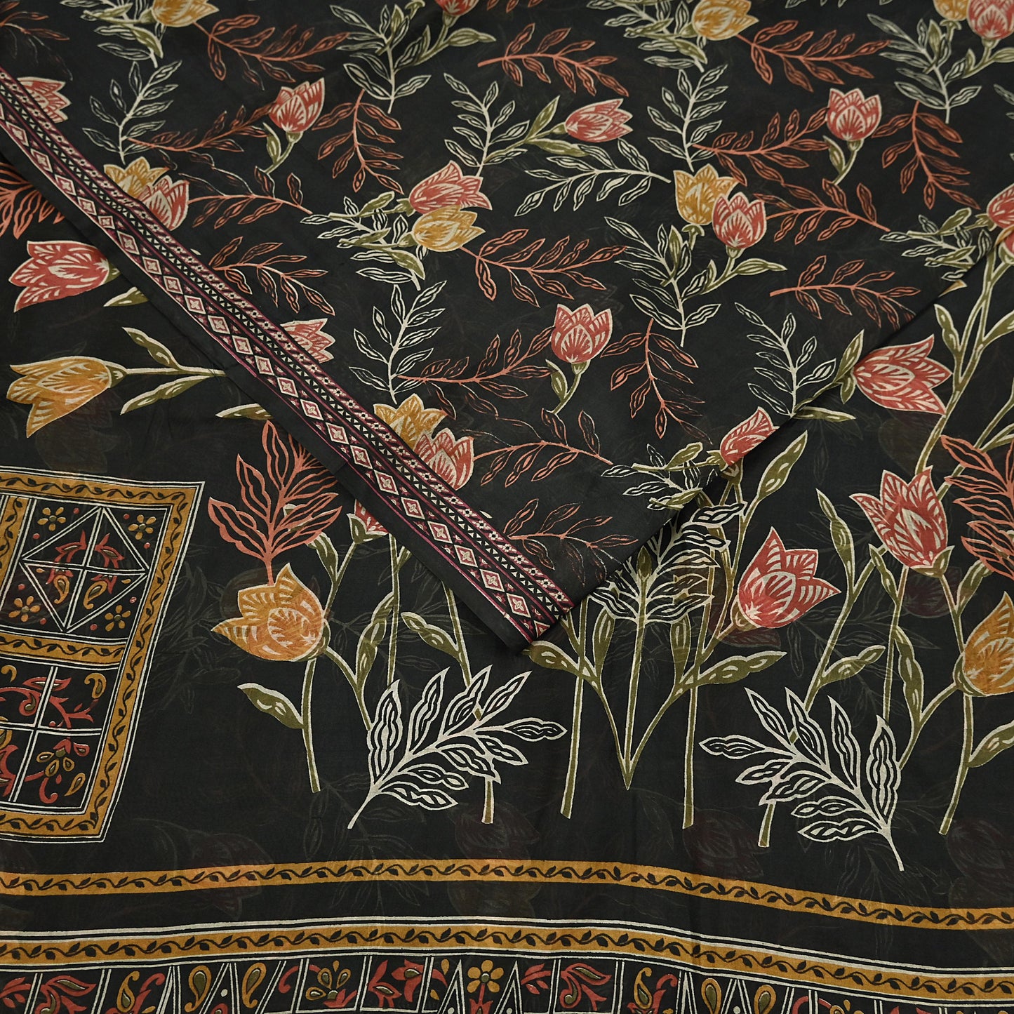 Indian Vintage Sari Black Printed Pure Silk Sarees Craft Fabric 5yd Sewing Floral Soft Dress Designing  for Crafting Quilting Upcycle Wrap