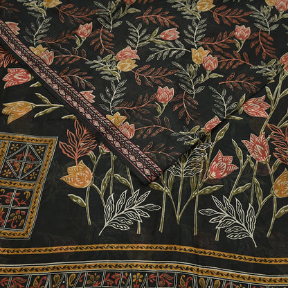 Indian Vintage Sari Black Printed Pure Silk Sarees Craft Fabric 5yd Sewing Floral Soft Dress Designing  for Crafting Quilting Upcycle Wrap