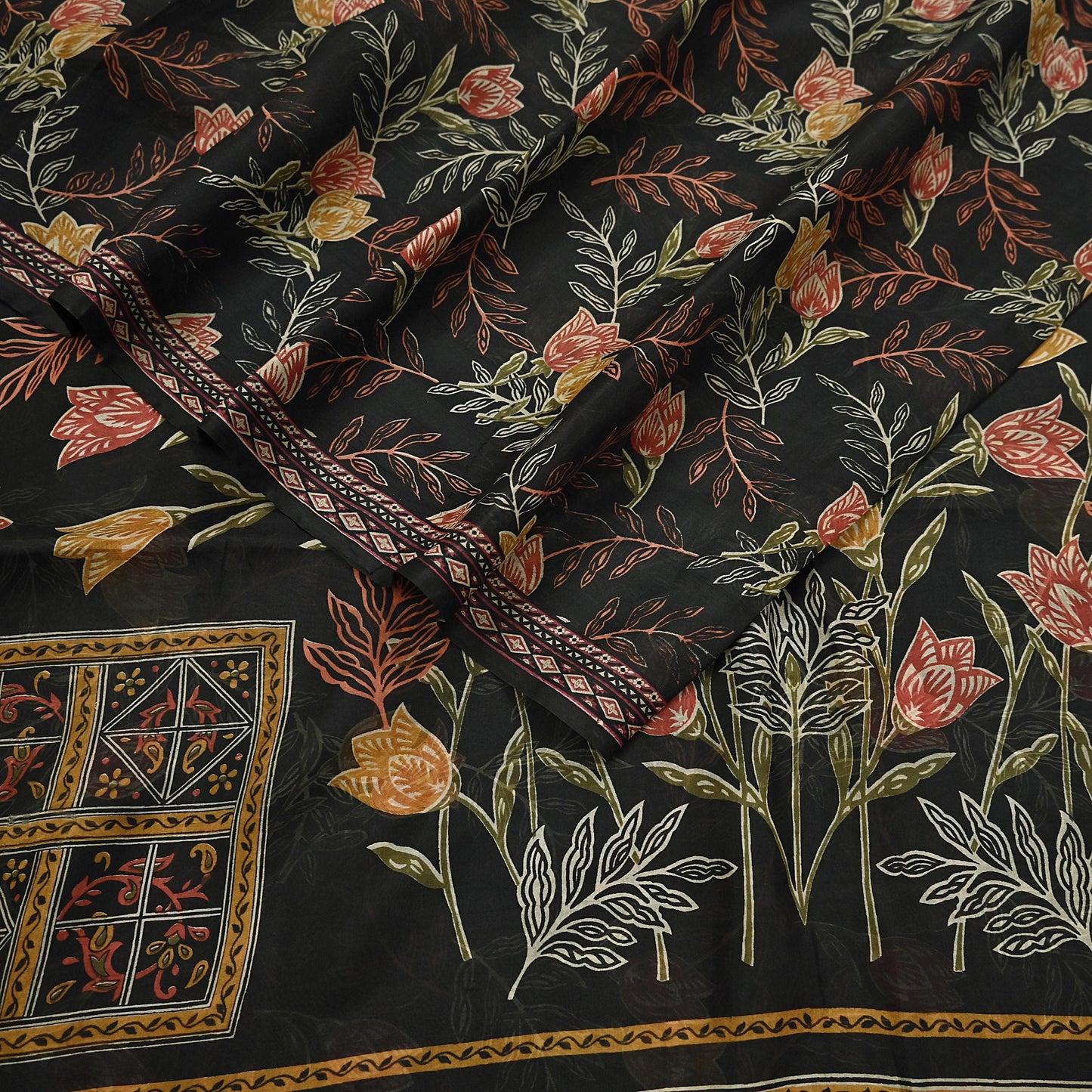 Indian Vintage Sari Black Printed Pure Silk Sarees Craft Fabric 5yd Sewing Floral Soft Dress Designing  for Crafting Quilting Upcycle Wrap