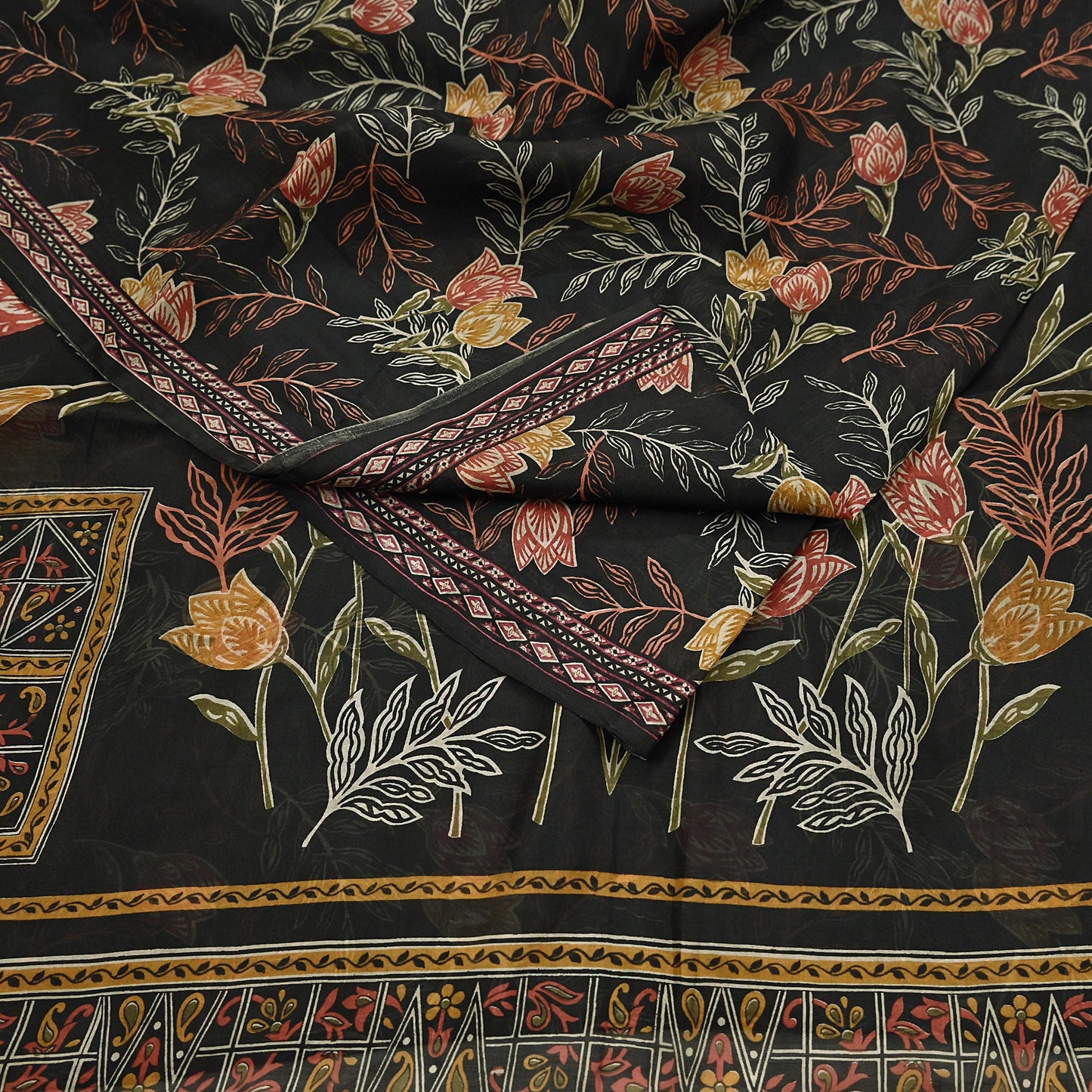 Indian Vintage Sari Black Printed Pure Silk Sarees Craft Fabric 5yd Sewing Floral Soft Dress Designing  for Crafting Quilting Upcycle Wrap