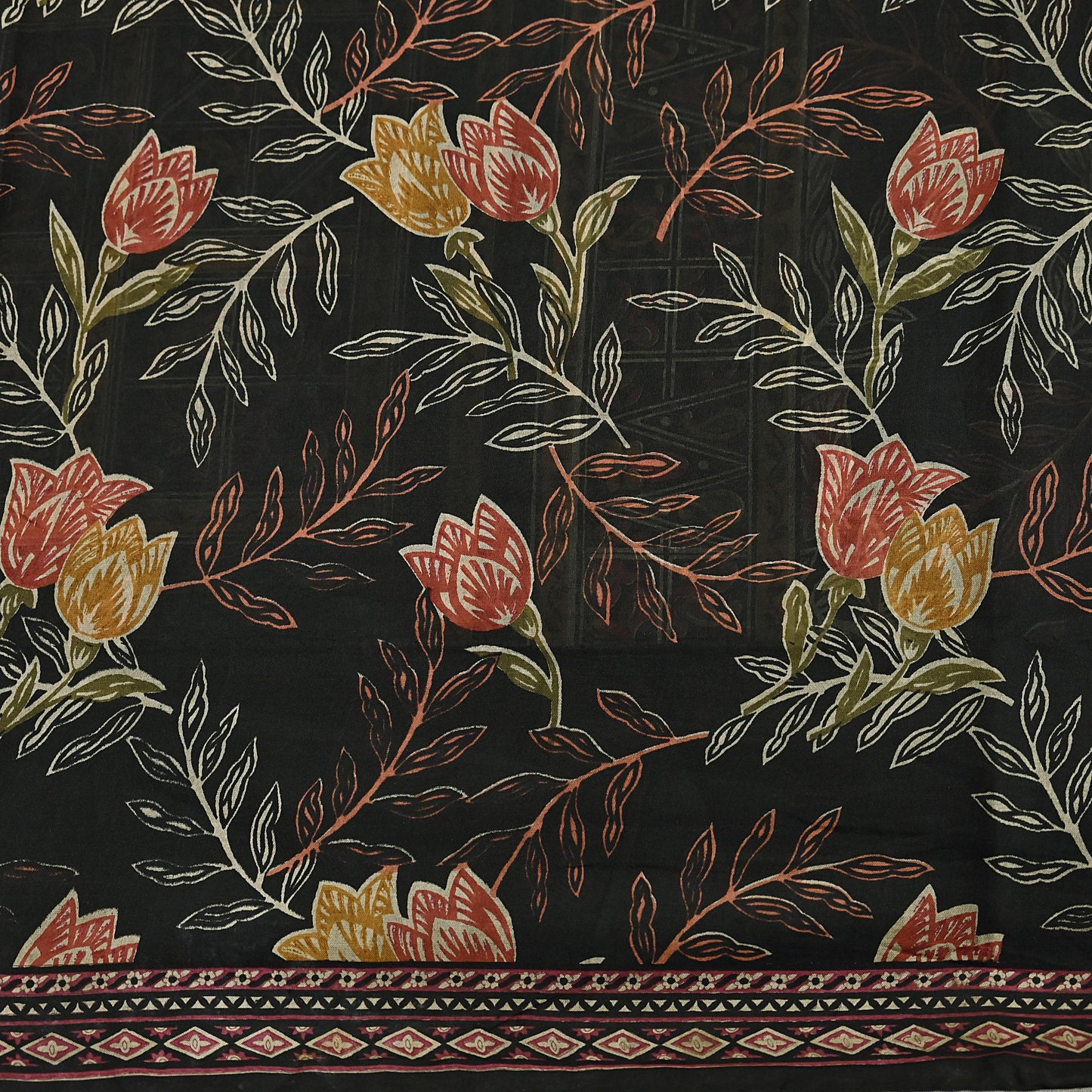 Indian Vintage Sari Black Printed Pure Silk Sarees Craft Fabric 5yd Sewing Floral Soft Dress Designing  for Crafting Quilting Upcycle Wrap