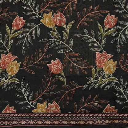 Indian Vintage Sari Black Printed Pure Silk Sarees Craft Fabric 5yd Sewing Floral Soft Dress Designing  for Crafting Quilting Upcycle Wrap