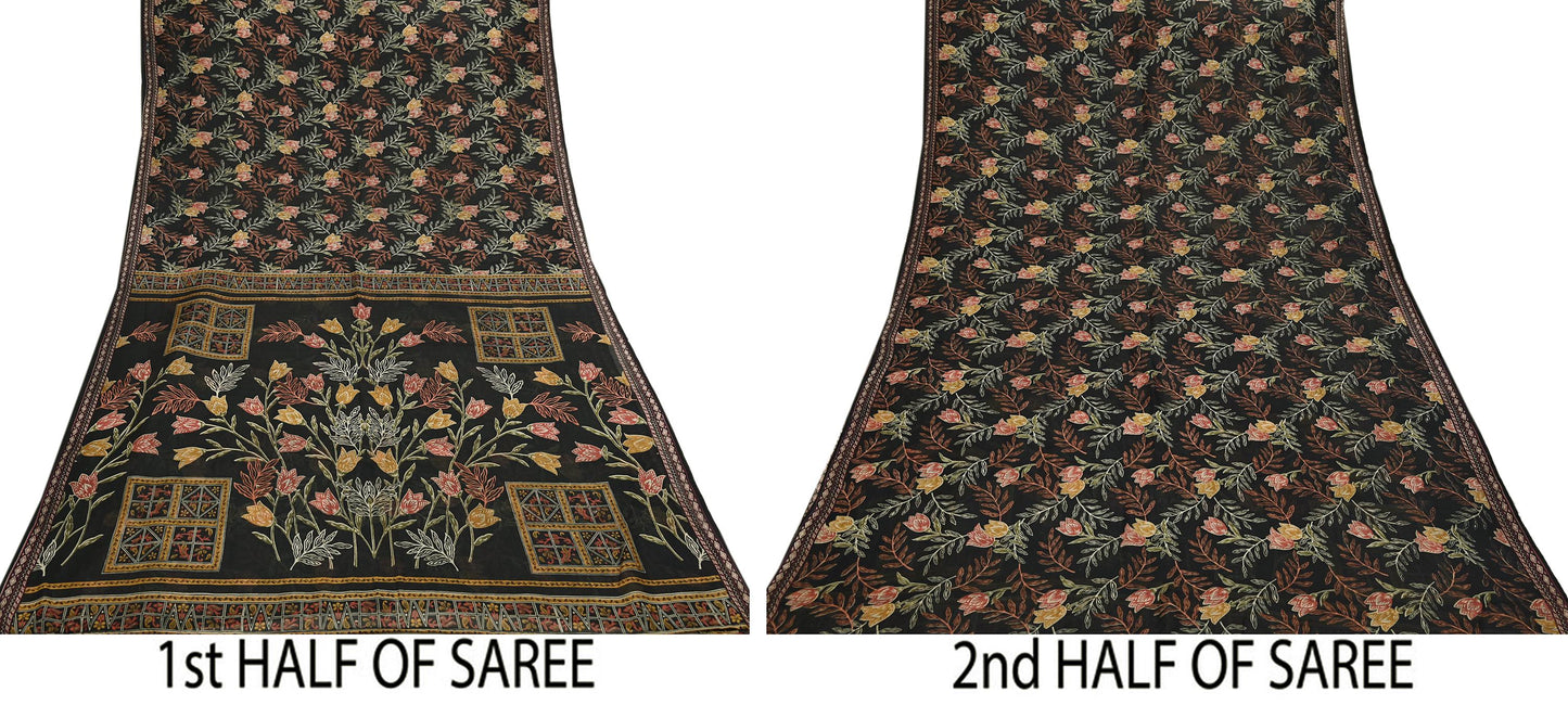 Indian Vintage Sari Black Printed Pure Silk Sarees Craft Fabric 5yd Sewing Floral Soft Dress Designing  for Crafting Quilting Upcycle Wrap