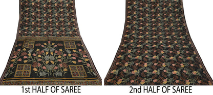 Indian Vintage Sari Black Printed Pure Silk Sarees Craft Fabric 5yd Sewing Floral Soft Dress Designing  for Crafting Quilting Upcycle Wrap