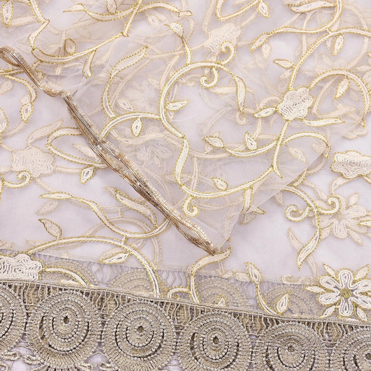 Indian Vintage Heavy Dupatta White Net Mesh Long Stole Hand Embroidered Scarves Wedding/Party Wear