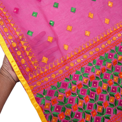 Indian Vintage Dupatta Pink Chanderi Long Stole Hand Embroidered Bagh Phulkari Stole Scarves Party wear