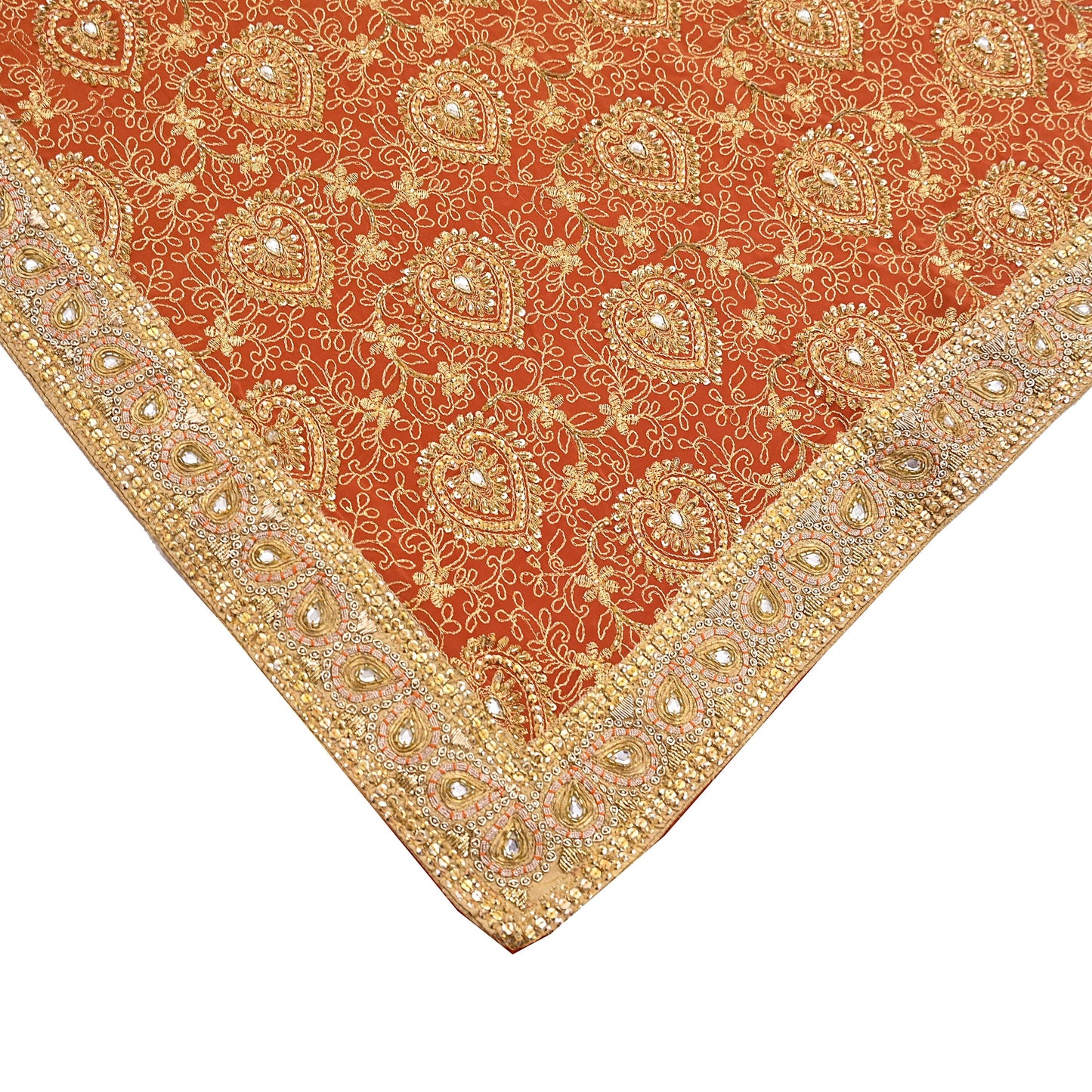 Indian Vintage Orange Saree Pure Crepe Silk Hand Embroidered Sari Craft Fabric 5Yd Sewing Soft Zari Dress making