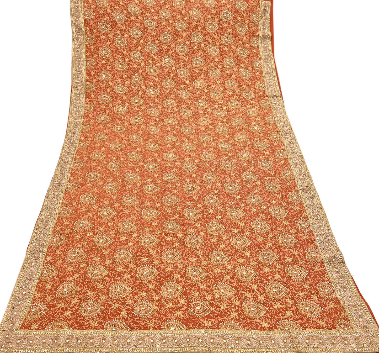 Indian Vintage Orange Saree Pure Crepe Silk Hand Embroidered Sari Craft Fabric 5Yd Sewing Soft Zari Dress making