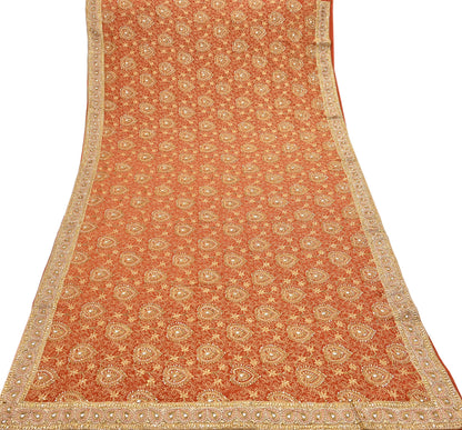 Indian Vintage Orange Saree Pure Crepe Silk Hand Embroidered Sari Craft Fabric 5Yd Sewing Soft Zari Dress making