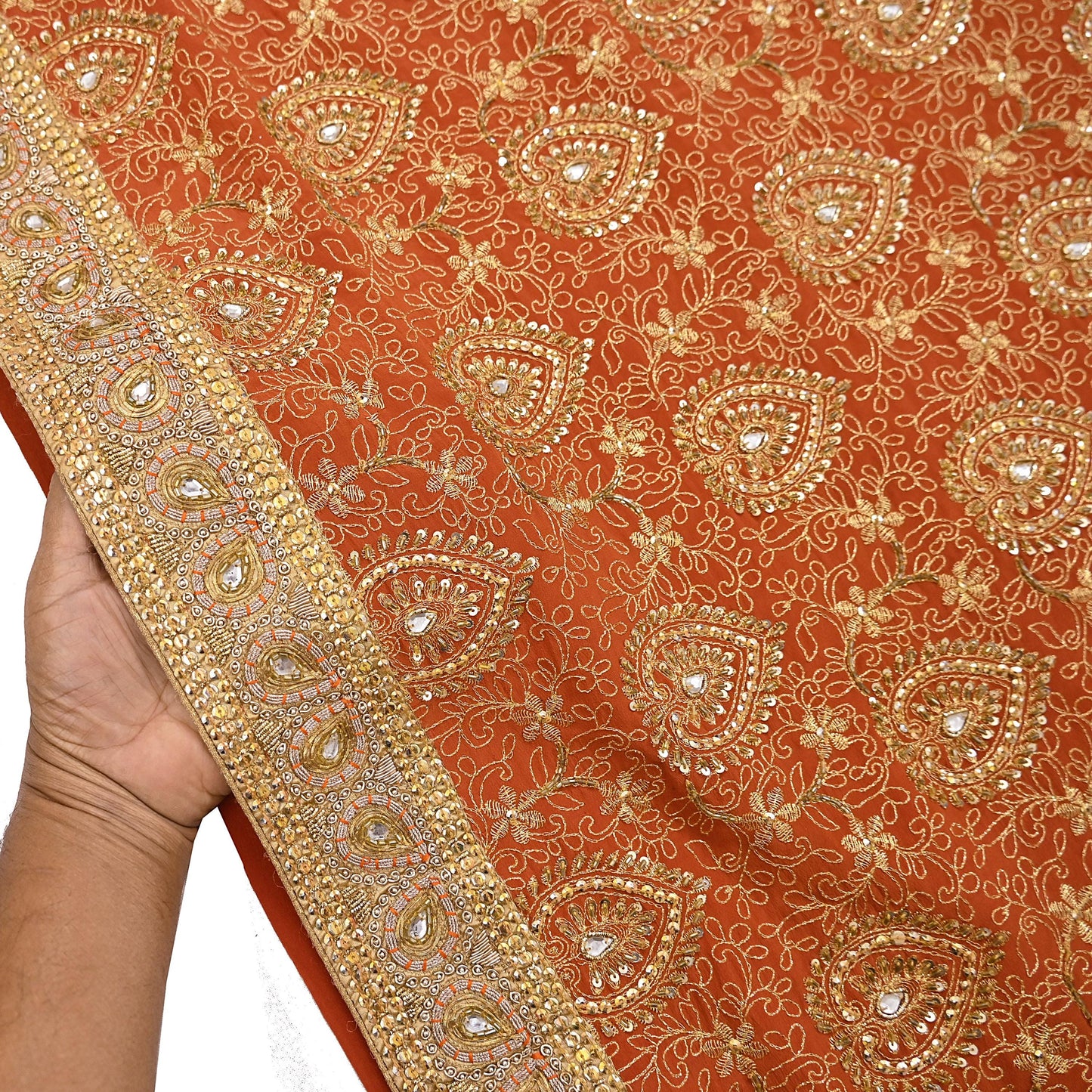 Indian Vintage Orange Saree Pure Crepe Silk Hand Embroidered Sari Craft Fabric 5Yd Sewing Soft Zari Dress making