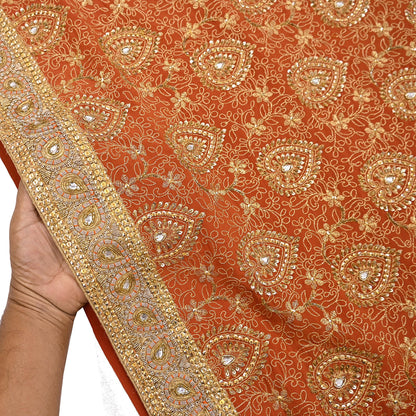 Indian Vintage Orange Saree Pure Crepe Silk Hand Embroidered Sari Craft Fabric 5Yd Sewing Soft Zari Dress making