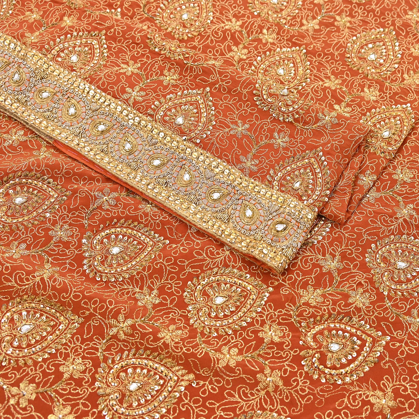 Indian Vintage Orange Saree Pure Crepe Silk Hand Embroidered Sari Craft Fabric 5Yd Sewing Soft Zari Dress making