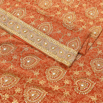 Indian Vintage Orange Saree Pure Crepe Silk Hand Embroidered Sari Craft Fabric 5Yd Sewing Soft Zari Dress making
