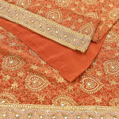 Indian Vintage Orange Saree Pure Crepe Silk Hand Embroidered Sari Craft Fabric 5Yd Sewing Soft Zari Dress making