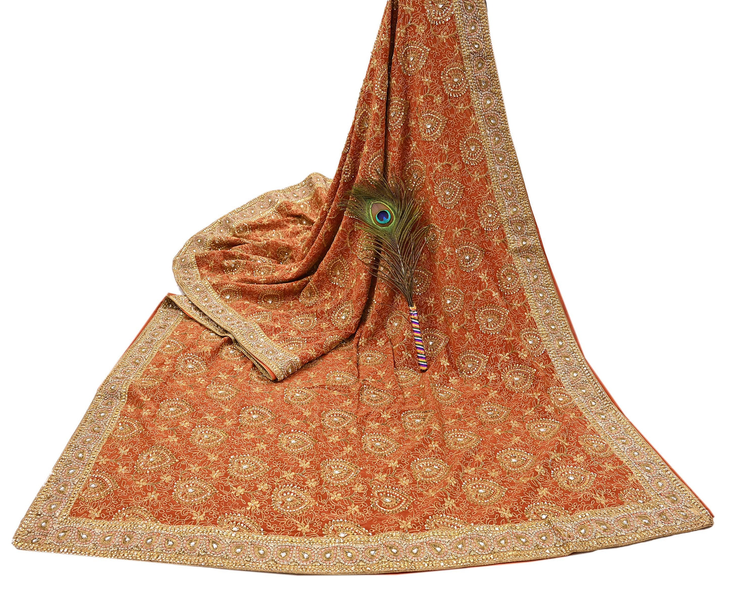 Indian Vintage Orange Saree Pure Crepe Silk Hand Embroidered Sari Craft Fabric 5Yd Sewing Soft Zari Dress making