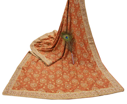 Indian Vintage Orange Saree Pure Crepe Silk Hand Embroidered Sari Craft Fabric 5Yd Sewing Soft Zari Dress making