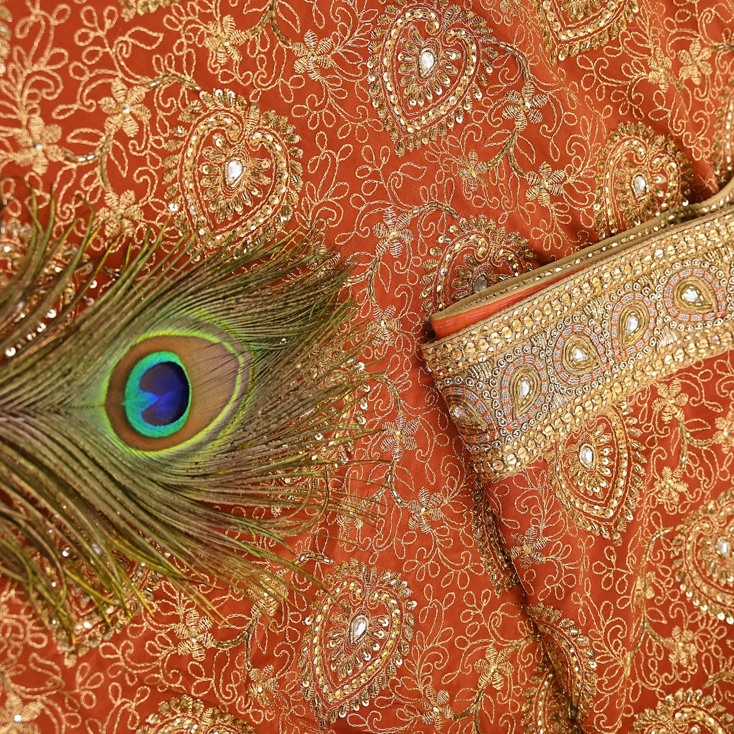 Indian Vintage Orange Saree Pure Crepe Silk Hand Embroidered Sari Craft Fabric 5Yd Sewing Soft Zari Dress making