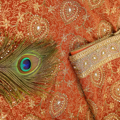 Indian Vintage Orange Saree Pure Crepe Silk Hand Embroidered Sari Craft Fabric 5Yd Sewing Soft Zari Dress making