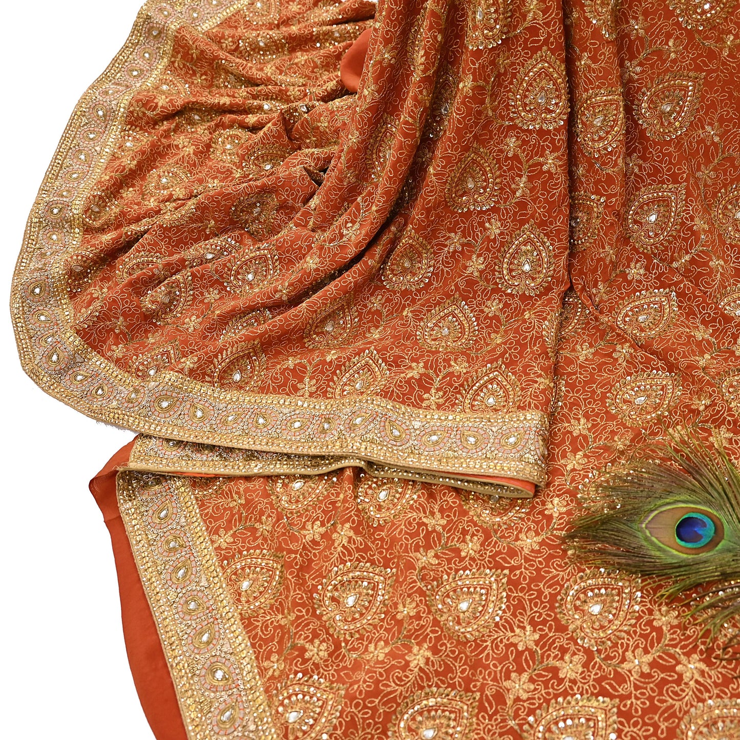 Indian Vintage Orange Saree Pure Crepe Silk Hand Embroidered Sari Craft Fabric 5Yd Sewing Soft Zari Dress making