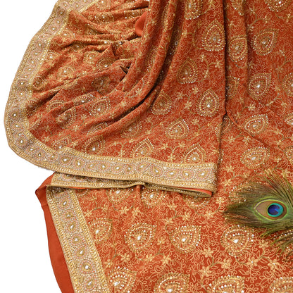 Indian Vintage Orange Saree Pure Crepe Silk Hand Embroidered Sari Craft Fabric 5Yd Sewing Soft Zari Dress making