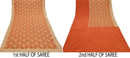 Indian Vintage Orange Saree Pure Crepe Silk Hand Embroidered Sari Craft Fabric 5Yd Sewing Soft Zari Dress making