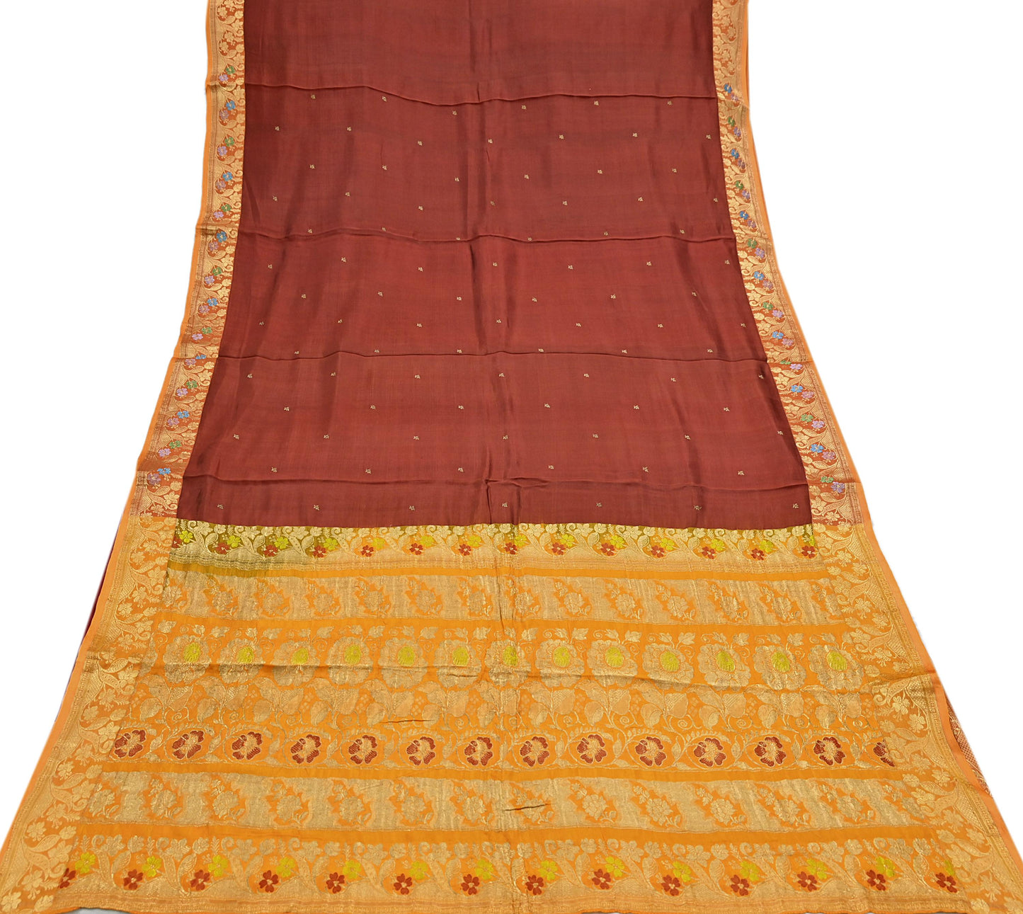 Indian Vintage Heavy Sari Maroon & Saffron Pure silk Hand Woven Kanjivaram Saree Fabric 5Yd Ethnic Zari Dress making Crafting Bollywood sari