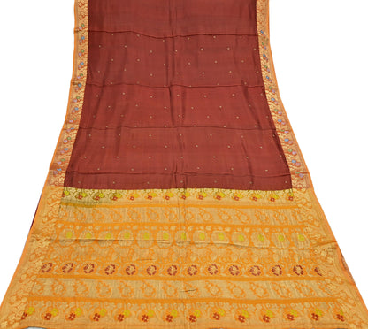 Indian Vintage Heavy Sari Maroon & Saffron Pure silk Hand Woven Kanjivaram Saree Fabric 5Yd Ethnic Zari Dress making Crafting Bollywood sari