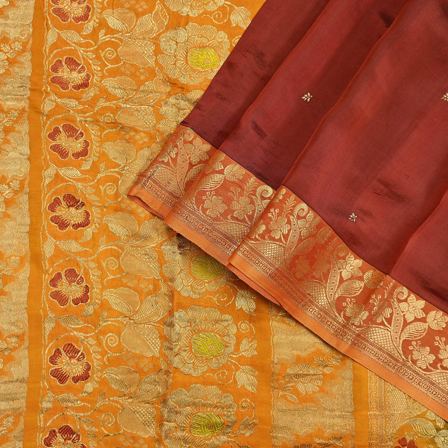 Indian Vintage Heavy Sari Maroon & Saffron Pure silk Hand Woven Kanjivaram Saree Fabric 5Yd Ethnic Zari Dress making Crafting Bollywood sari