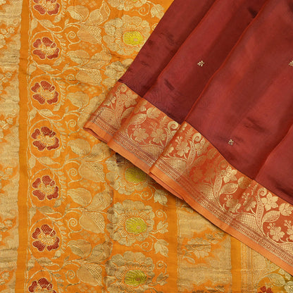 Indian Vintage Heavy Sari Maroon & Saffron Pure silk Hand Woven Kanjivaram Saree Fabric 5Yd Ethnic Zari Dress making Crafting Bollywood sari