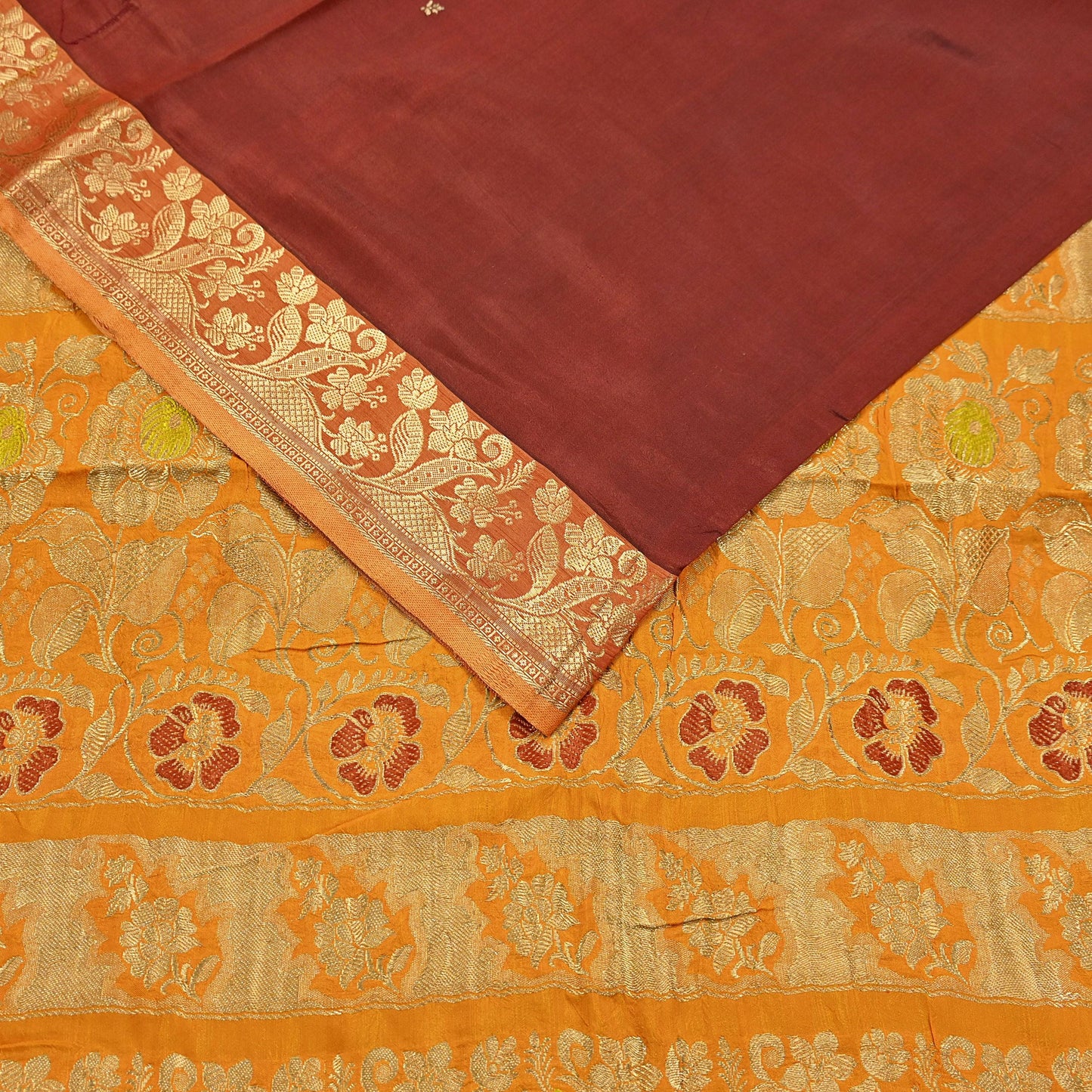 Indian Vintage Heavy Sari Maroon & Saffron Pure silk Hand Woven Kanjivaram Saree Fabric 5Yd Ethnic Zari Dress making Crafting Bollywood sari