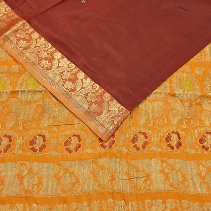 Indian Vintage Heavy Sari Maroon & Saffron Pure silk Hand Woven Kanjivaram Saree Fabric 5Yd Ethnic Zari Dress making Crafting Bollywood sari