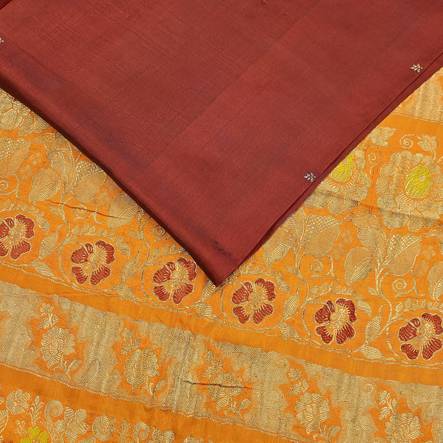 Indian Vintage Heavy Sari Maroon & Saffron Pure silk Hand Woven Kanjivaram Saree Fabric 5Yd Ethnic Zari Dress making Crafting Bollywood sari