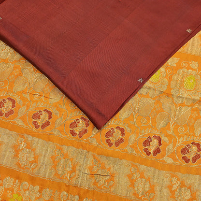 Indian Vintage Heavy Sari Maroon & Saffron Pure silk Hand Woven Kanjivaram Saree Fabric 5Yd Ethnic Zari Dress making Crafting Bollywood sari