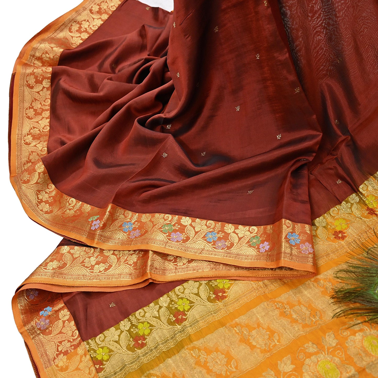 Indian Vintage Heavy Sari Maroon & Saffron Pure silk Hand Woven Kanjivaram Saree Fabric 5Yd Ethnic Zari Dress making Crafting Bollywood sari