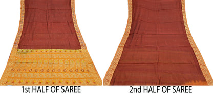 Indian Vintage Heavy Sari Maroon & Saffron Pure silk Hand Woven Kanjivaram Saree Fabric 5Yd Ethnic Zari Dress making Crafting Bollywood sari