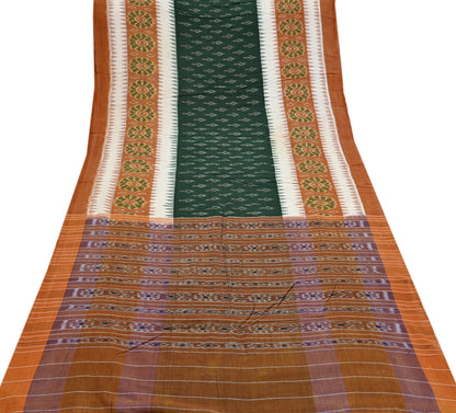 Indian Vintage Sari Rusty & Green Hand woven Sambalpuri Ikat Sarees Pure Cotton Craft Fabric 5Yd Ethnic Chackra Border Dress Making Upcycle
