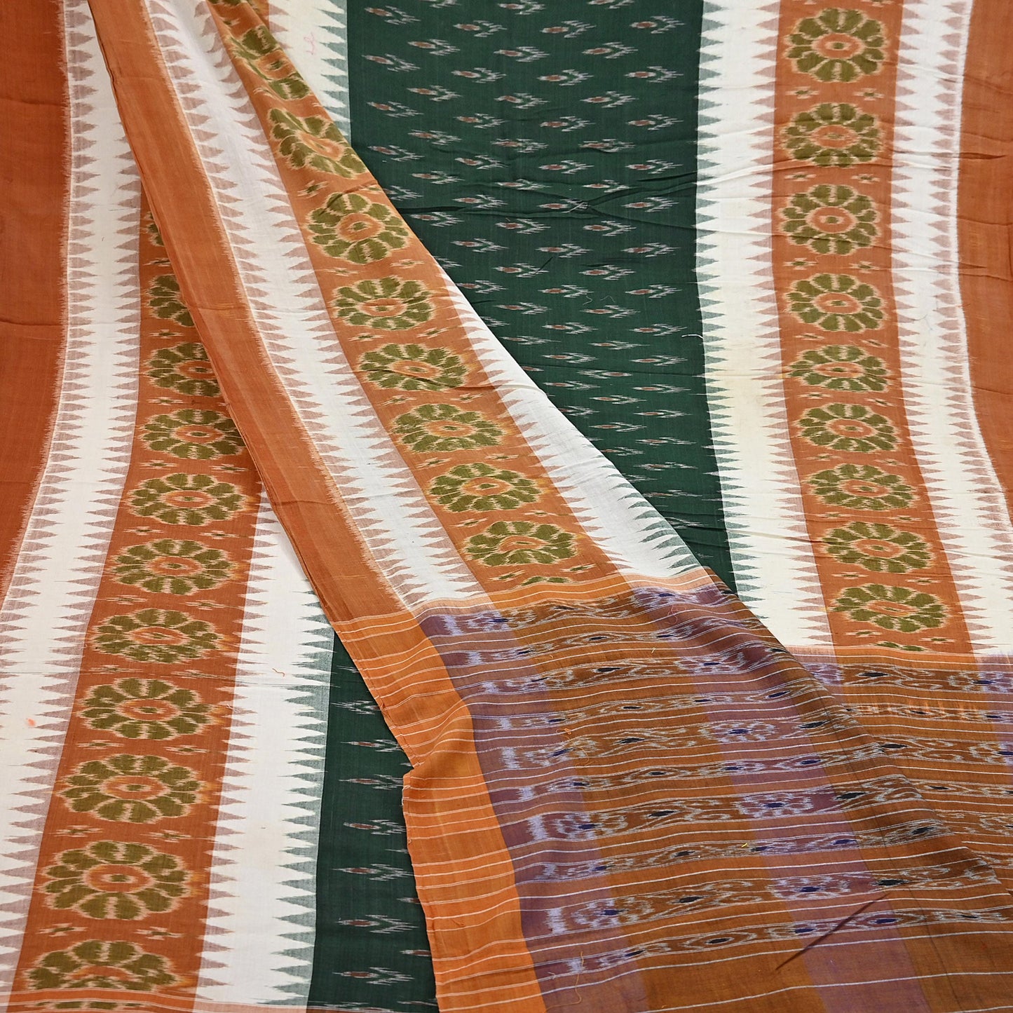 Indian Vintage Sari Rusty & Green Hand woven Sambalpuri Ikat Sarees Pure Cotton Craft Fabric 5Yd Ethnic Chackra Border Dress Making Upcycle