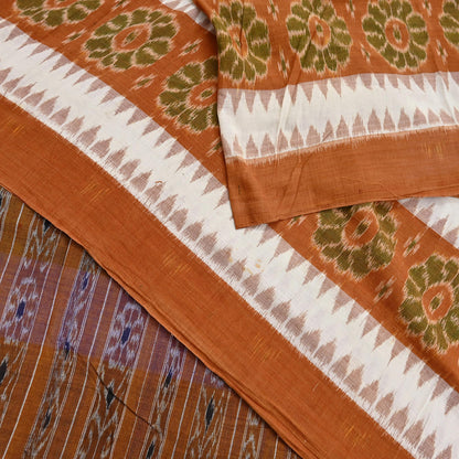 Indian Vintage Sari Rusty & Green Hand woven Sambalpuri Ikat Sarees Pure Cotton Craft Fabric 5Yd Ethnic Chackra Border Dress Making Upcycle