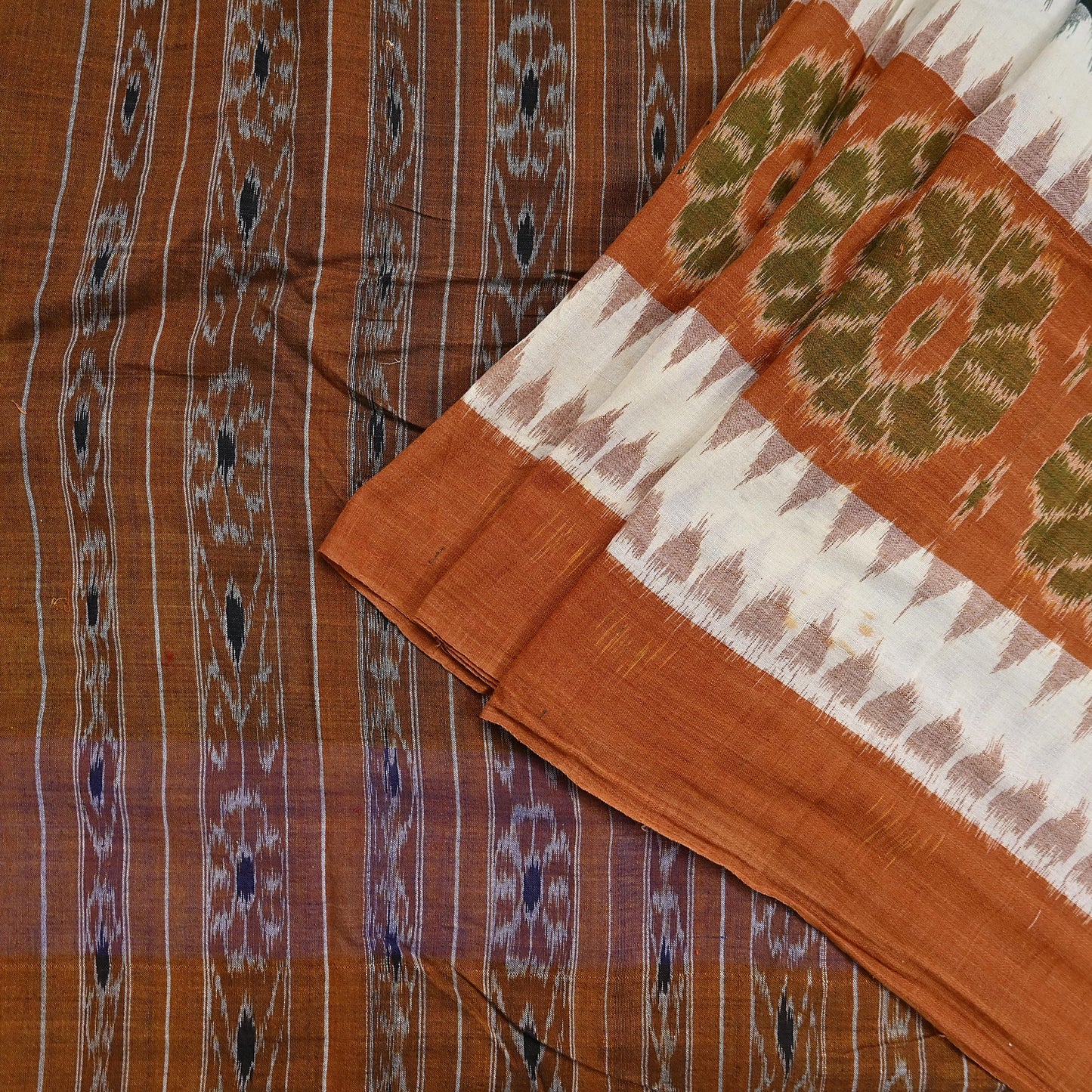 Indian Vintage Sari Rusty & Green Hand woven Sambalpuri Ikat Sarees Pure Cotton Craft Fabric 5Yd Ethnic Chackra Border Dress Making Upcycle