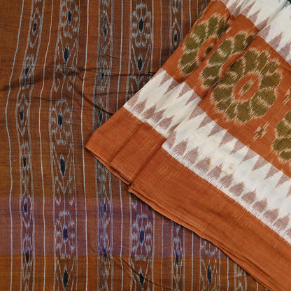 Indian Vintage Sari Rusty & Green Hand woven Sambalpuri Ikat Sarees Pure Cotton Craft Fabric 5Yd Ethnic Chackra Border Dress Making Upcycle