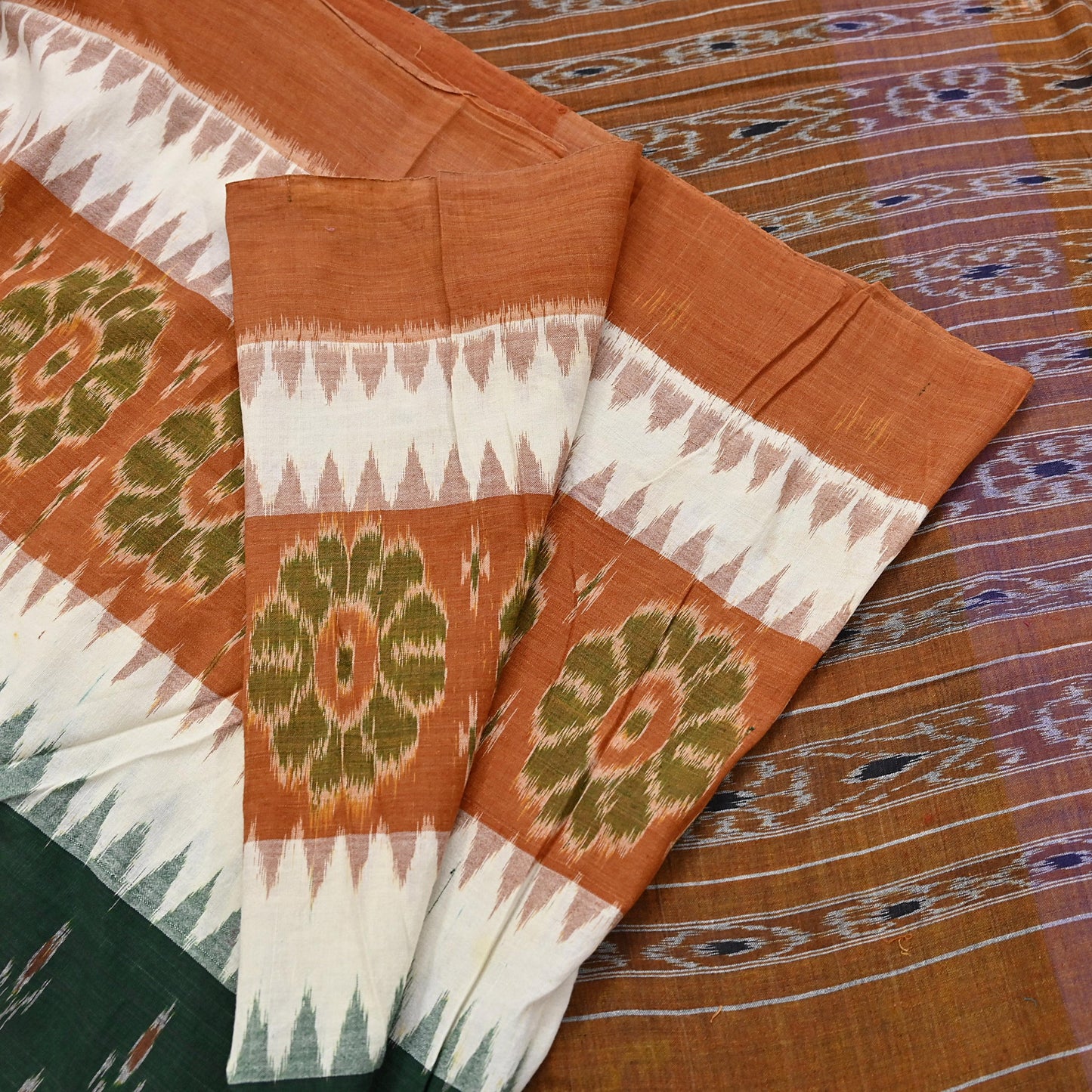 Indian Vintage Sari Rusty & Green Hand woven Sambalpuri Ikat Sarees Pure Cotton Craft Fabric 5Yd Ethnic Chackra Border Dress Making Upcycle
