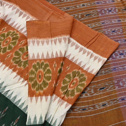 Indian Vintage Sari Rusty & Green Hand woven Sambalpuri Ikat Sarees Pure Cotton Craft Fabric 5Yd Ethnic Chackra Border Dress Making Upcycle