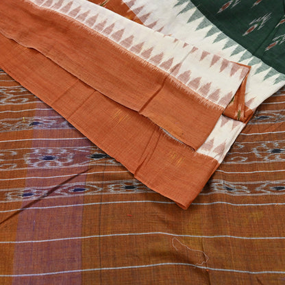 Indian Vintage Sari Rusty & Green Hand woven Sambalpuri Ikat Sarees Pure Cotton Craft Fabric 5Yd Ethnic Chackra Border Dress Making Upcycle
