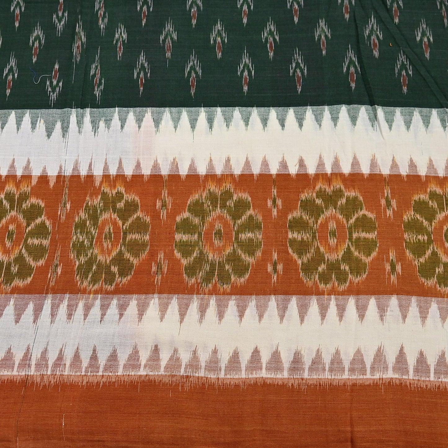 Indian Vintage Sari Rusty & Green Hand woven Sambalpuri Ikat Sarees Pure Cotton Craft Fabric 5Yd Ethnic Chackra Border Dress Making Upcycle
