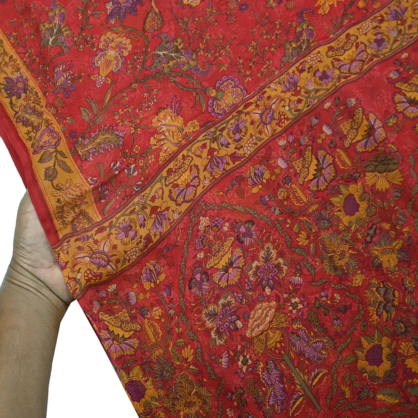 Women Vintage Sari Red Pure Georgette Silk Digital Printed Saree Craft Fabric Sewing 5Yd Light Dress Making Floral Crafting Quilting