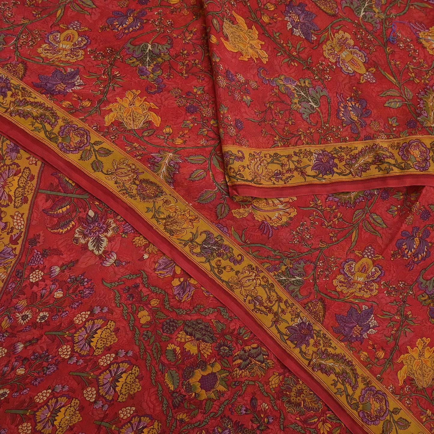 Women Vintage Sari Red Pure Georgette Silk Digital Printed Saree Craft Fabric Sewing 5Yd Light Dress Making Floral Crafting Quilting