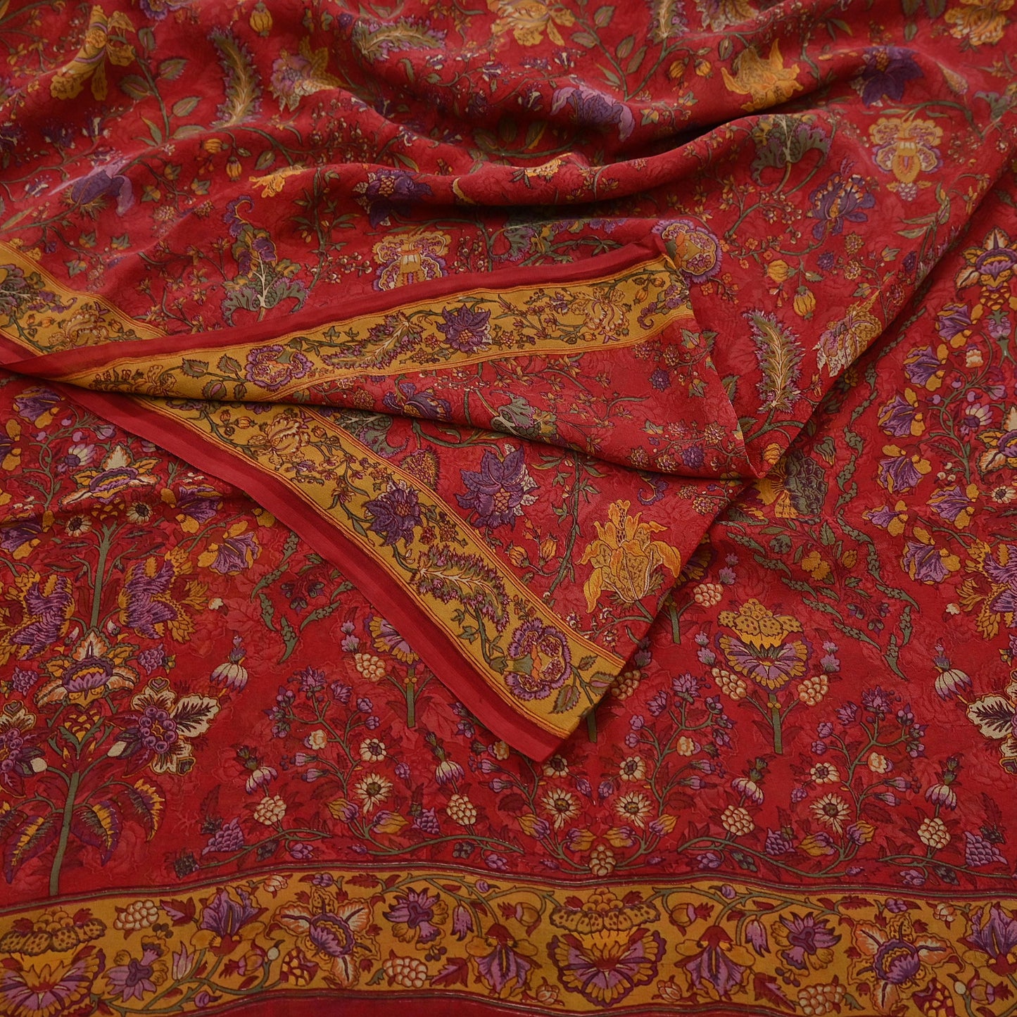 Women Vintage Sari Red Pure Georgette Silk Digital Printed Saree Craft Fabric Sewing 5Yd Light Dress Making Floral Crafting Quilting