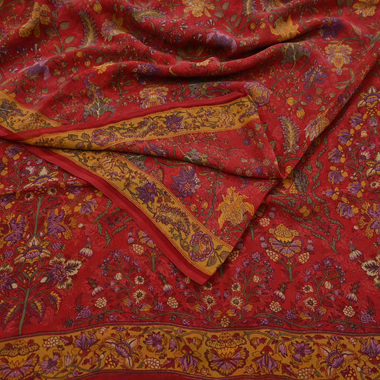 Women Vintage Sari Red Pure Georgette Silk Digital Printed Saree Craft Fabric Sewing 5Yd Light Dress Making Floral Crafting Quilting