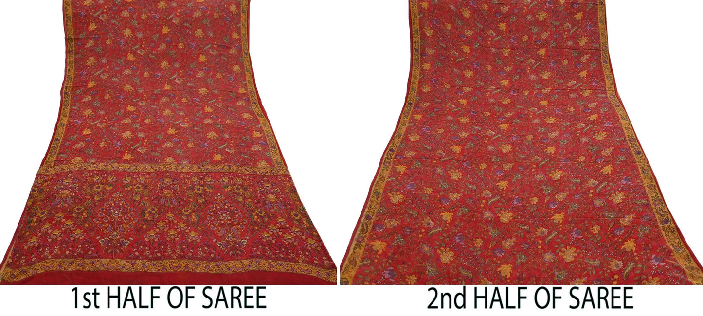 Women Vintage Sari Red Pure Georgette Silk Digital Printed Saree Craft Fabric Sewing 5Yd Light Dress Making Floral Crafting Quilting