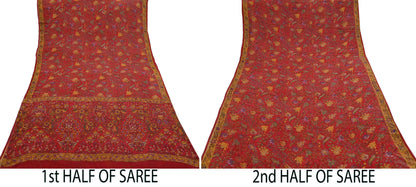 Women Vintage Sari Red Pure Georgette Silk Digital Printed Saree Craft Fabric Sewing 5Yd Light Dress Making Floral Crafting Quilting